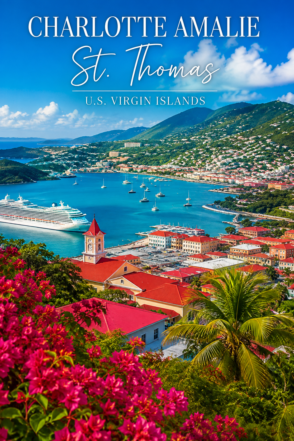 Panoramic view of Charlotte Amalie, St. Thomas, featuring the turquoise harbor, cruise ships, colorful waterfront buildings, tropical hills, and vibrant bougainvillea.