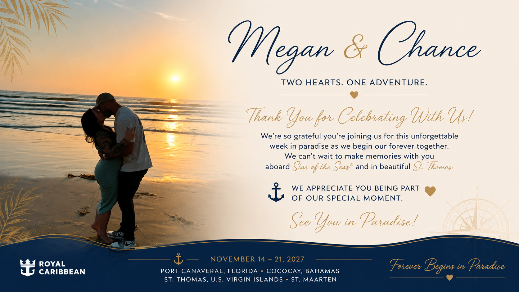Megan and Chance embracing at sunset on the beach, featured in their Star of the Seas wedding cruise celebration graphic for St. Thomas.